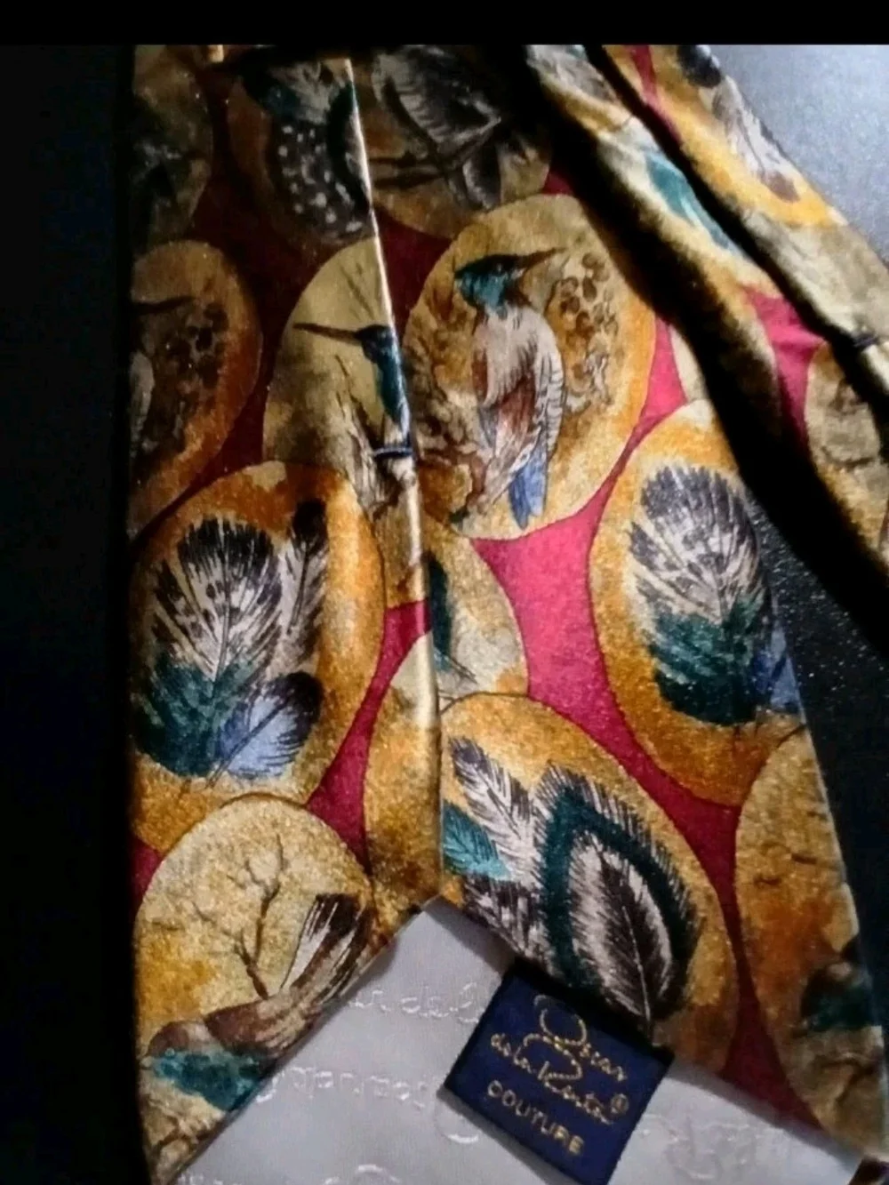 Oscar de la Renta Red Silk Tie with Gold Medallions and Teal Bird Accents